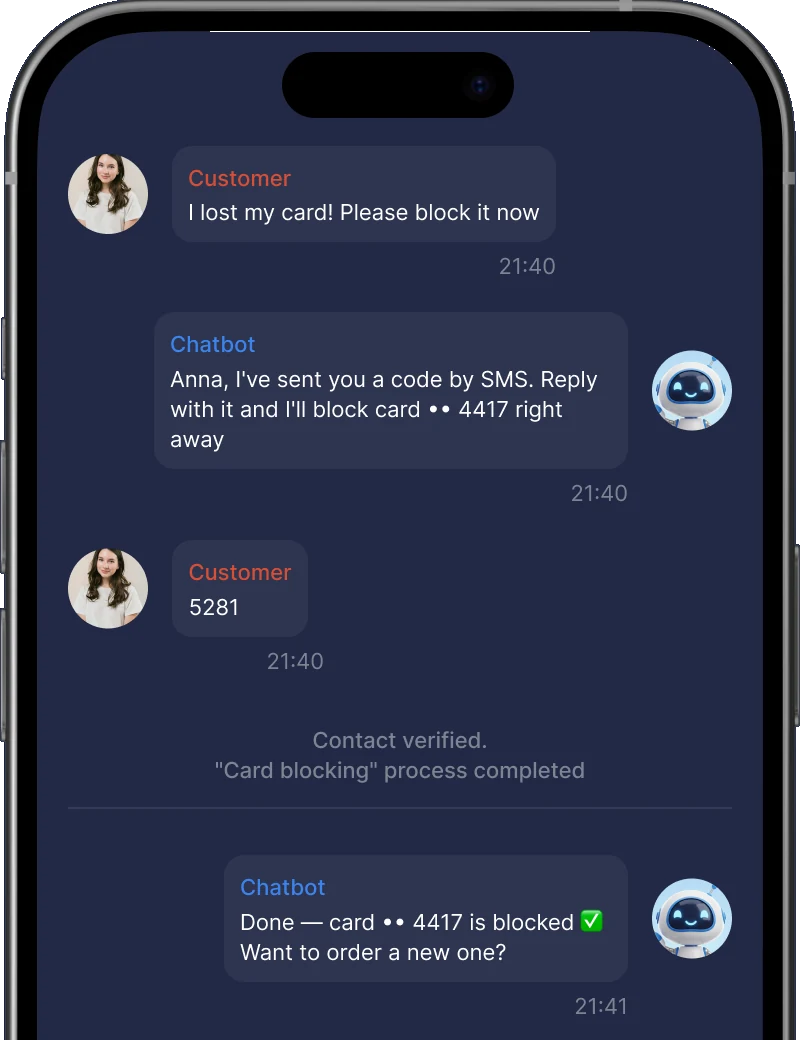 Phone chat at 21:40: a customer asks to block a lost card, the chatbot verifies the contact by SMS code and the card is blocked